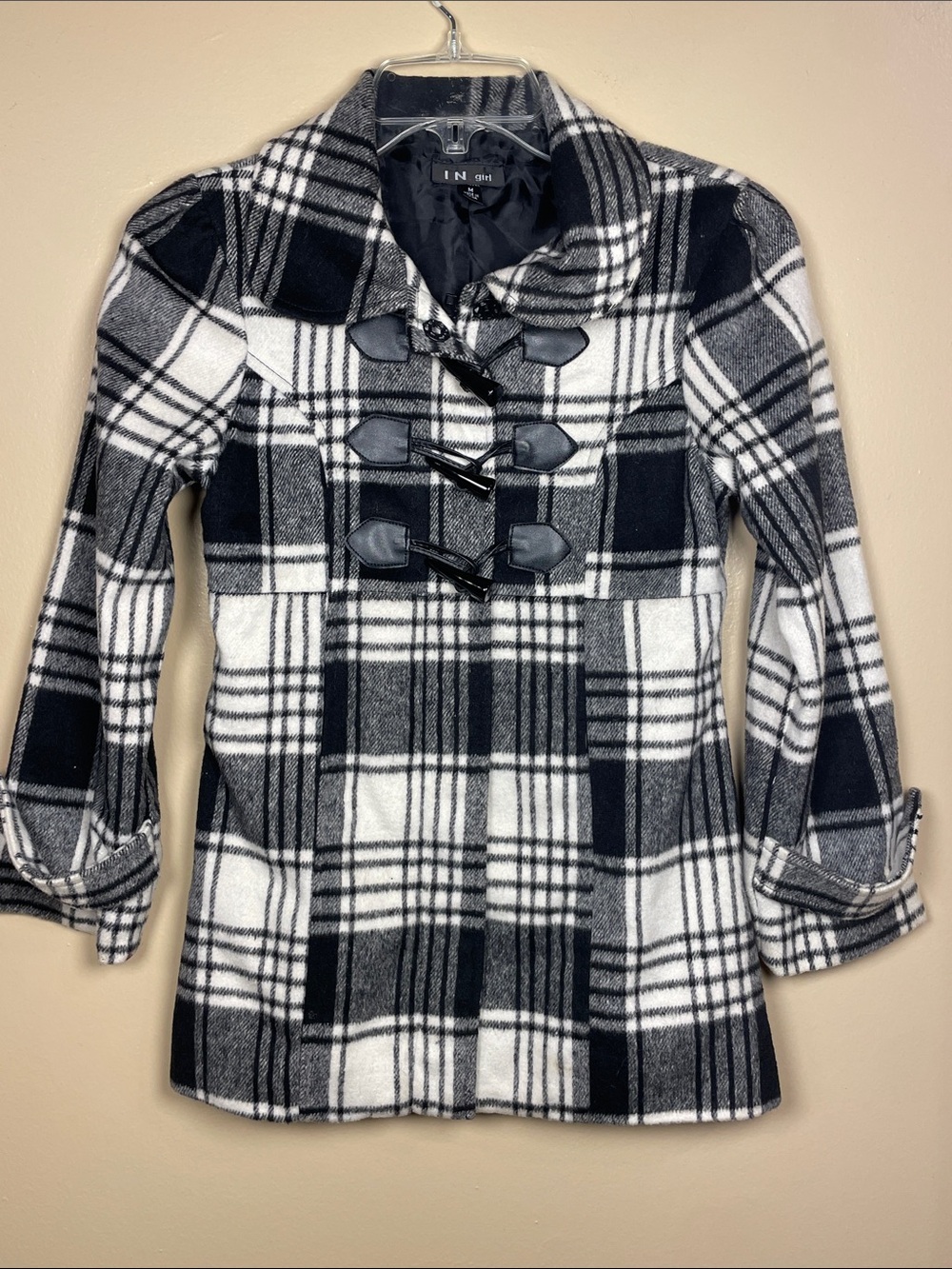 Black & White Plaid Toggle Coat - Girl